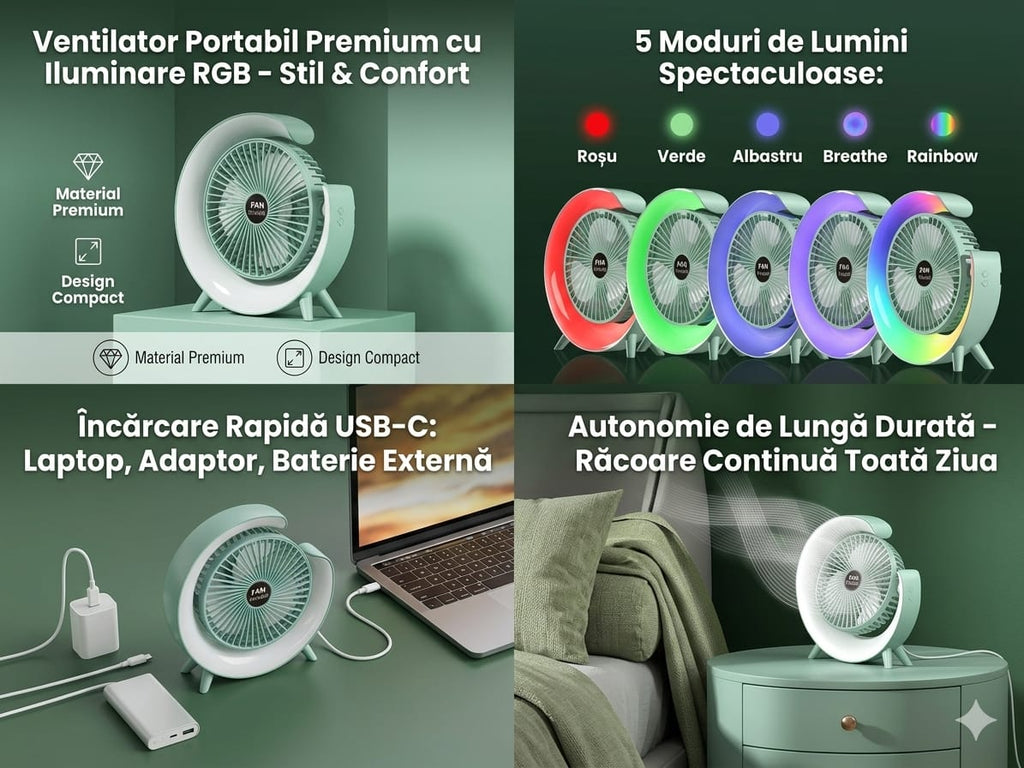 Ventilator Portabil Premium cu Iluminare RGB – Stil & Confort